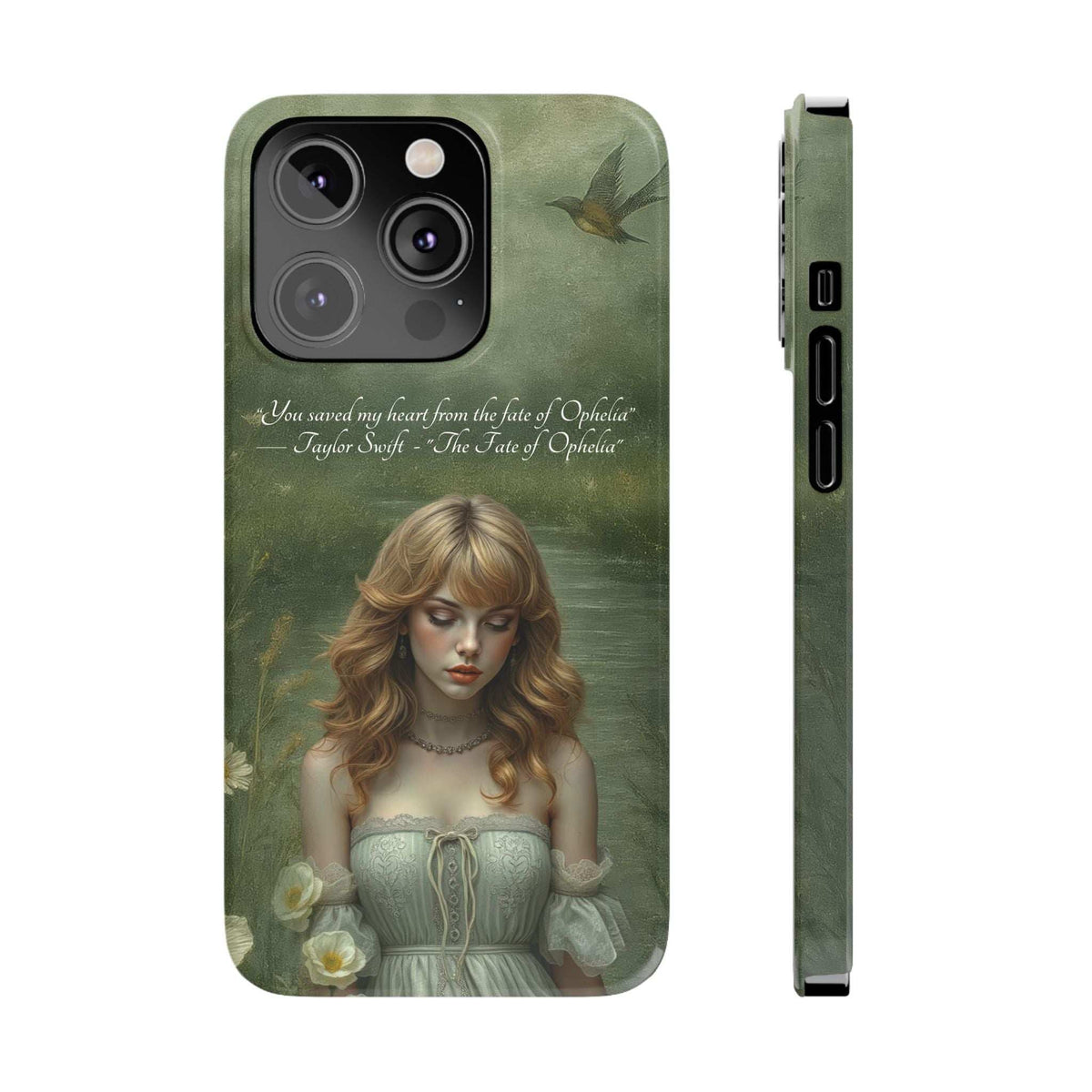Green phone case featuring blonde portrait, birds, and floral accents with camera cutouts
