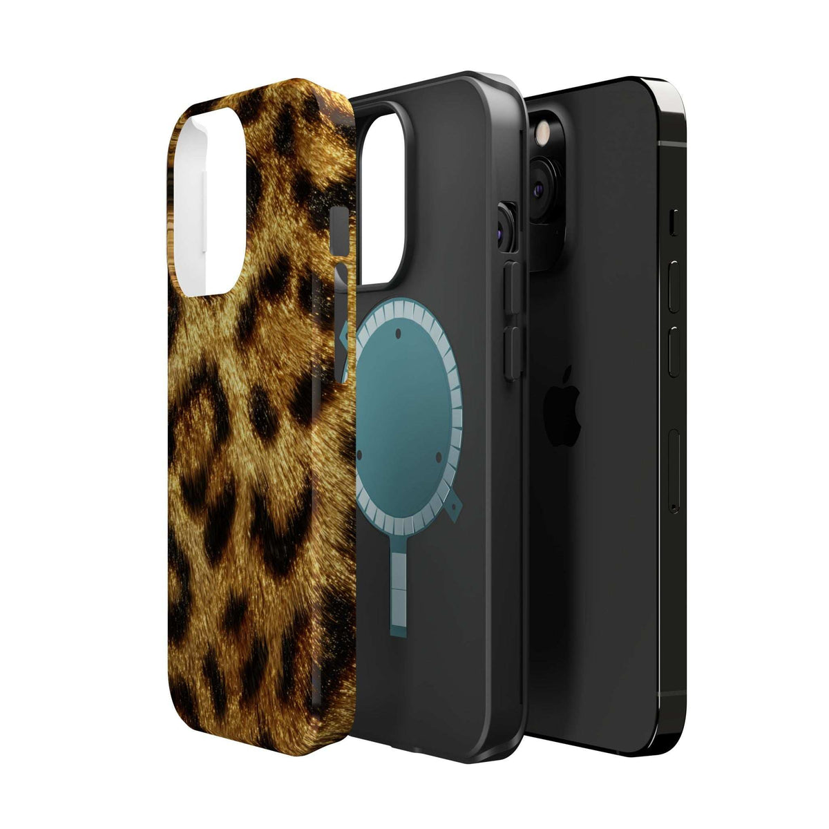 Leopard print glossy phone case showing camera and cutouts, tan with dark leopard spots.