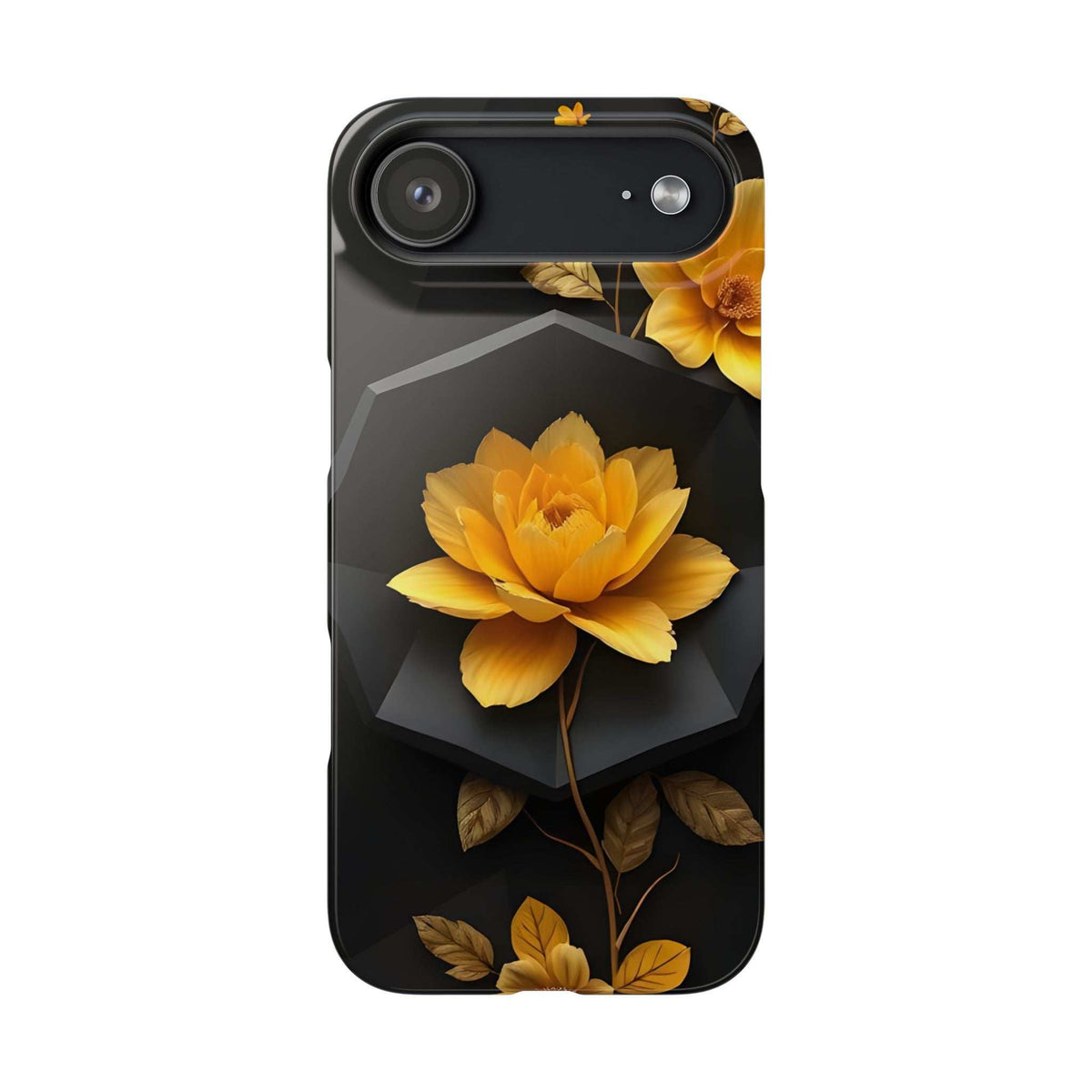 Black phone case with yellow flower design and leaf accents, side camera cutout