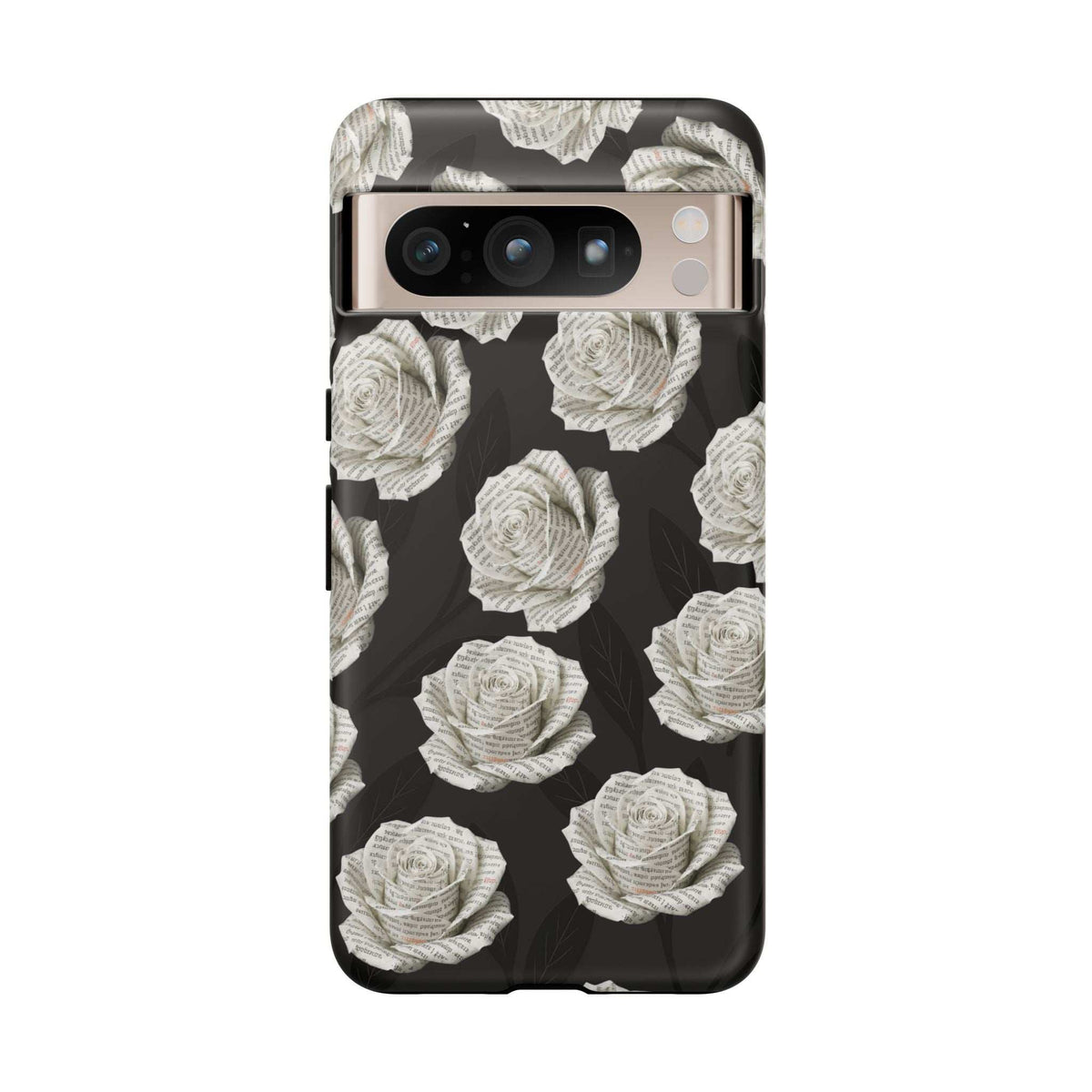 Phone case back view with black base and white roses, raised camera module openings.