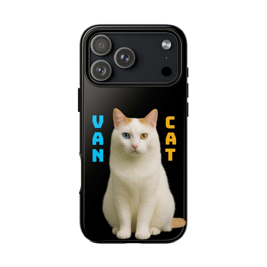 Glossy black phone case with white cat graphic and VAN CAT lettering, four-lens camera cluster