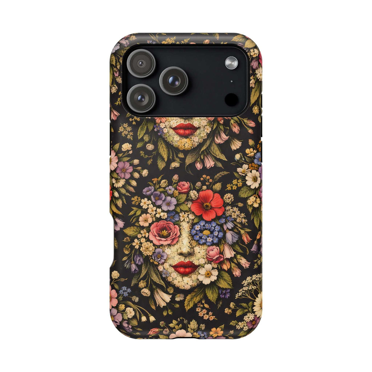 Black phone case with vintage floral face illustration and raised camera cutouts.