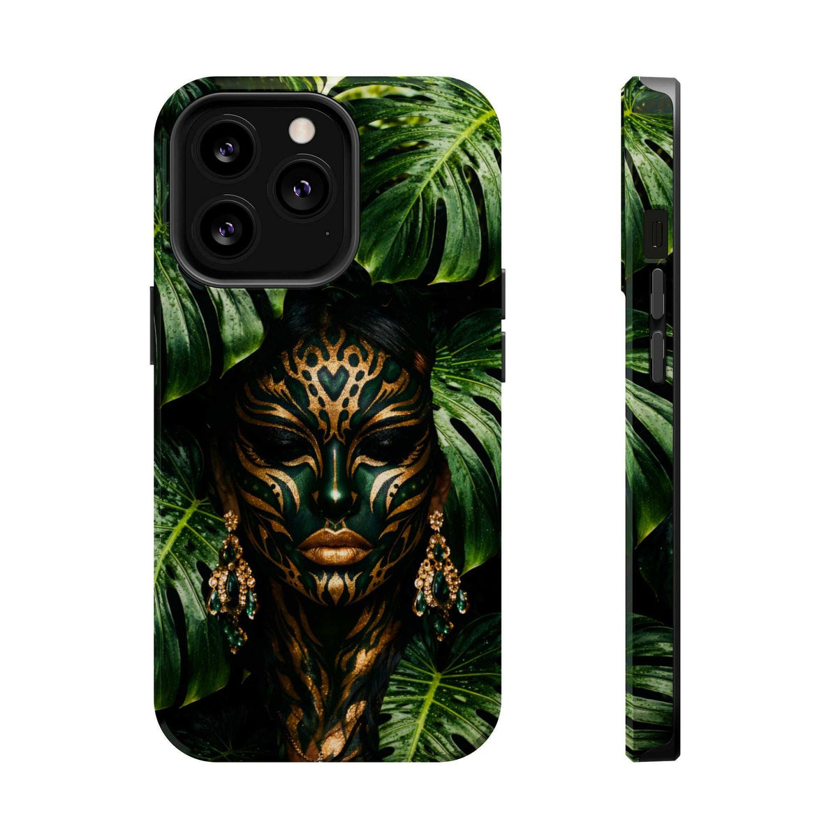 iPhone phone case with tropical leaves and golden masked face illustration, front and side
