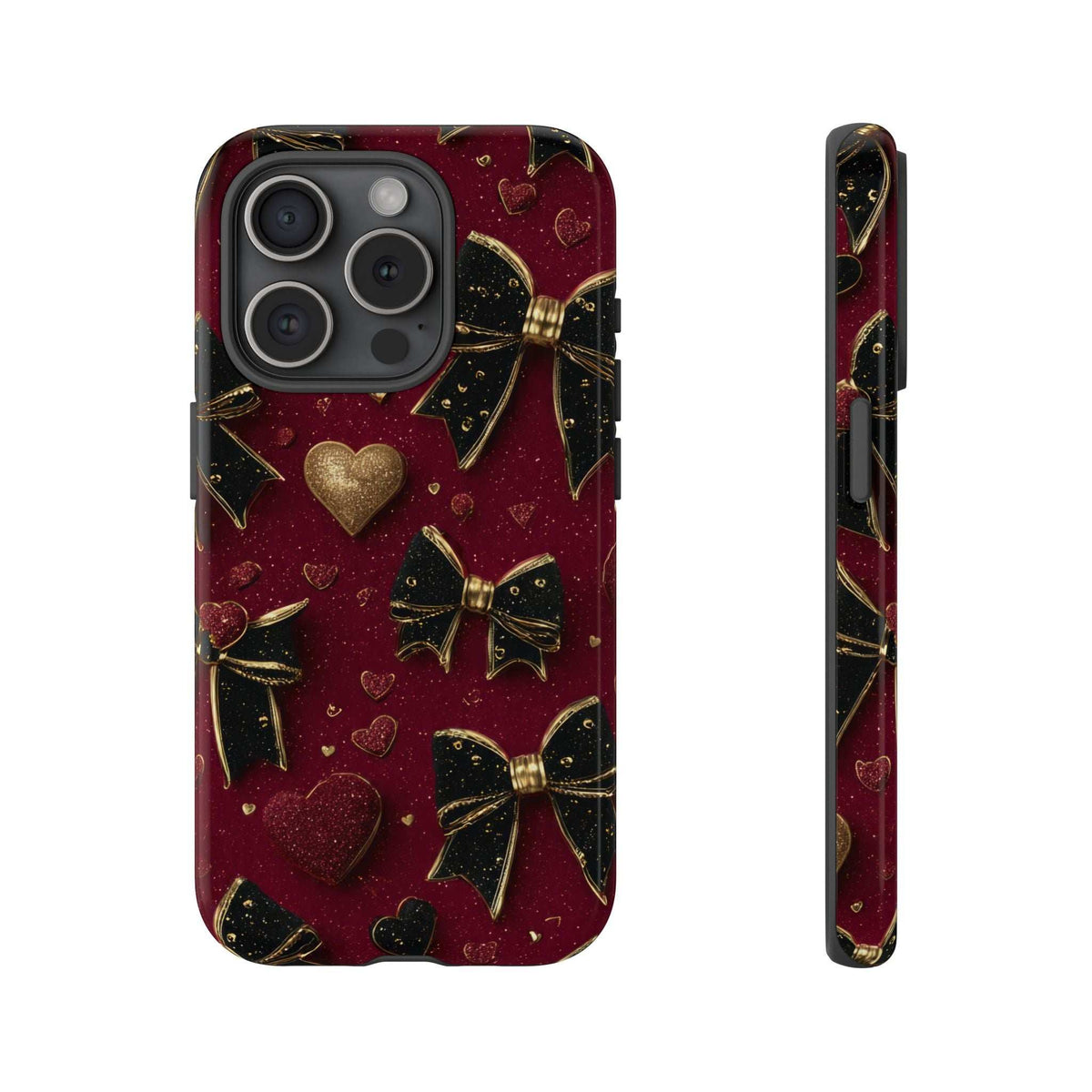 Maroon glossy phone case with gold heart and bow pattern; camera lenses and side edge shown