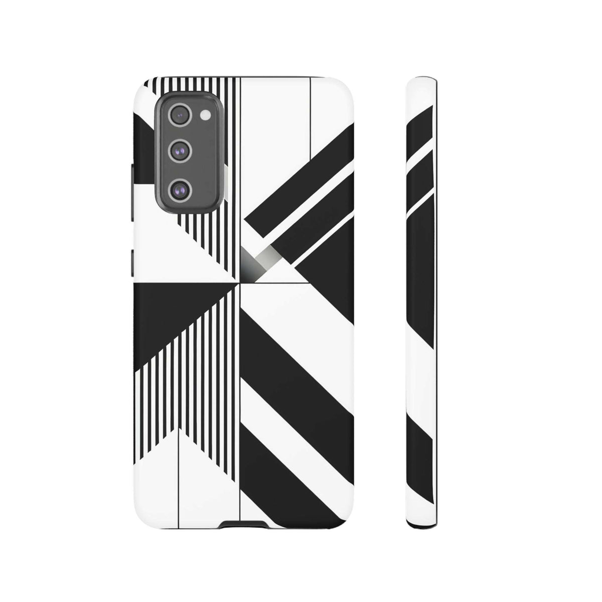 Tough phone case with black-and-white geometric pattern and rear camera housing cutouts.