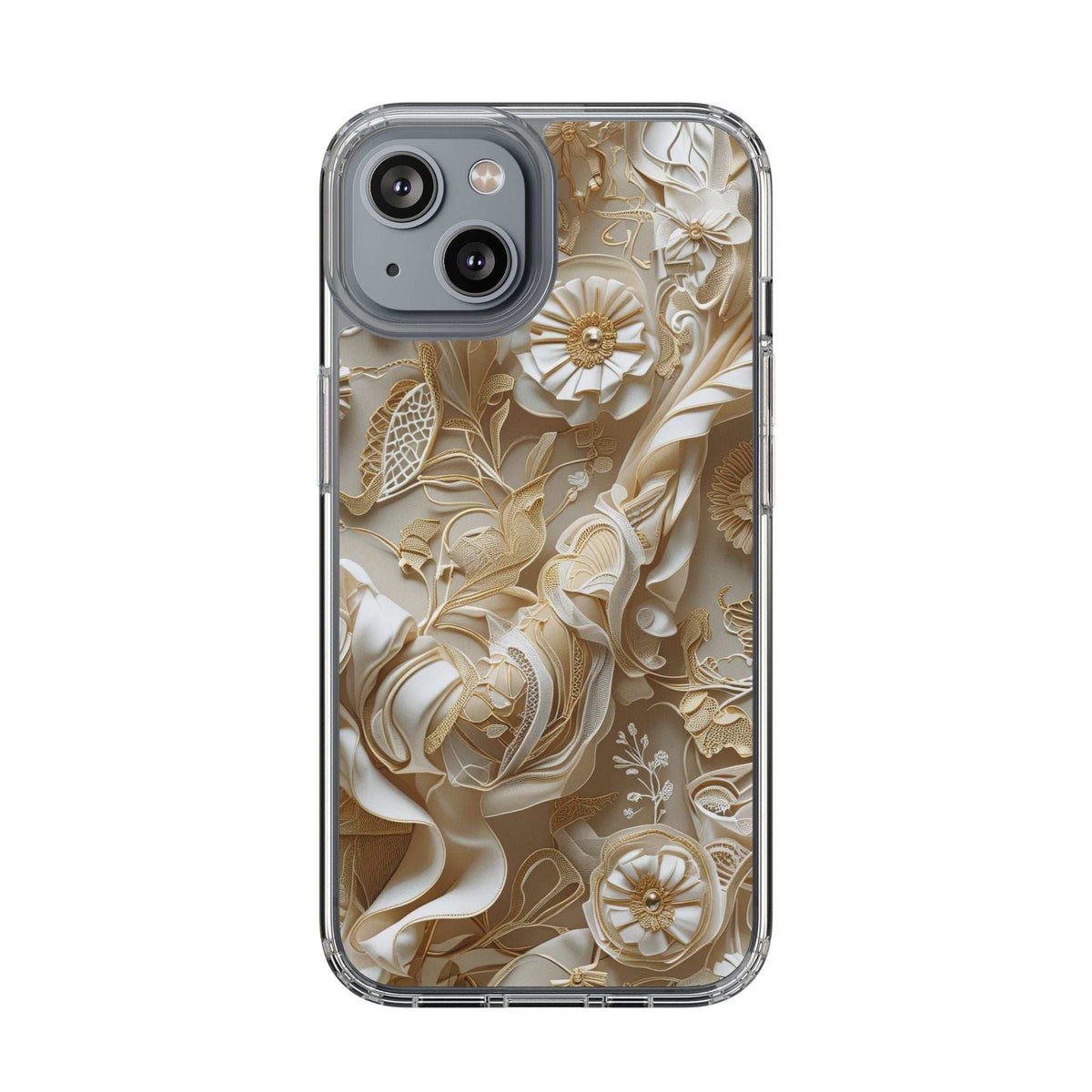 Clear phone case with gold-and-cream floral pattern and quad-lens camera cutout