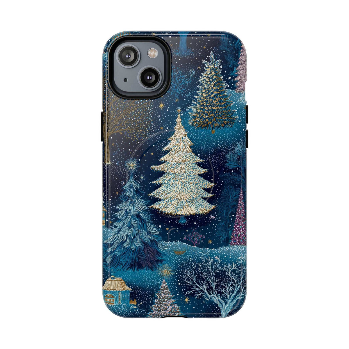 Glossy blue phone case with winter forest trees and starry glitter; camera cutout.