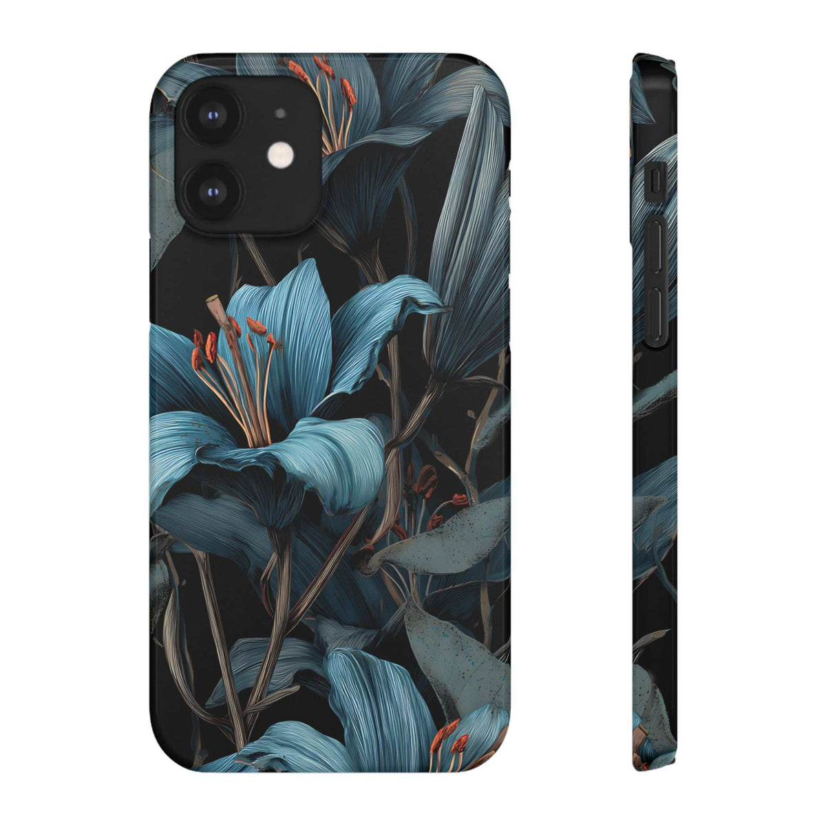Blue floral phone case front and side profile with port cutouts on dark backing.
