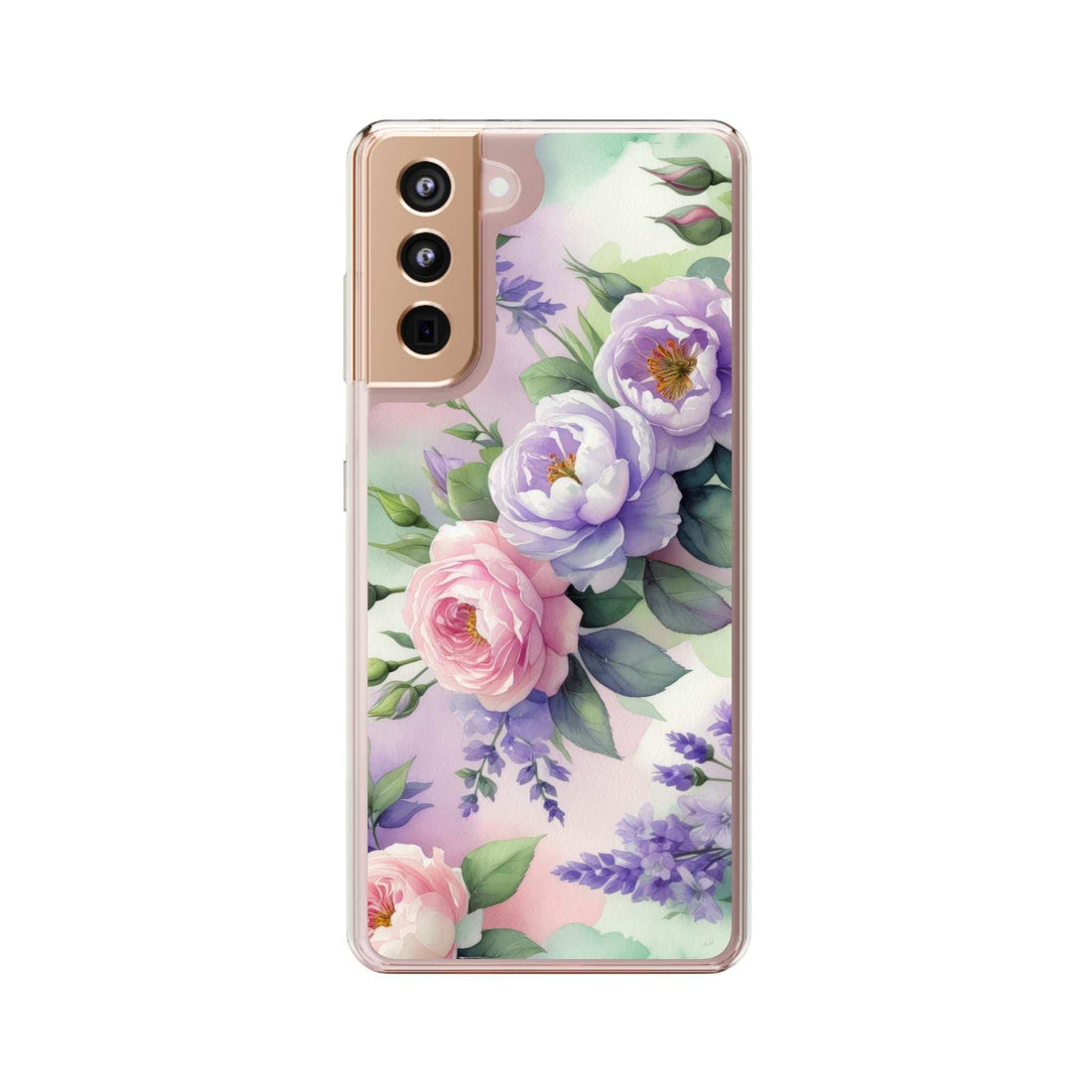 Clear phone case with lavender, pink, and purple floral print; raised camera cutouts