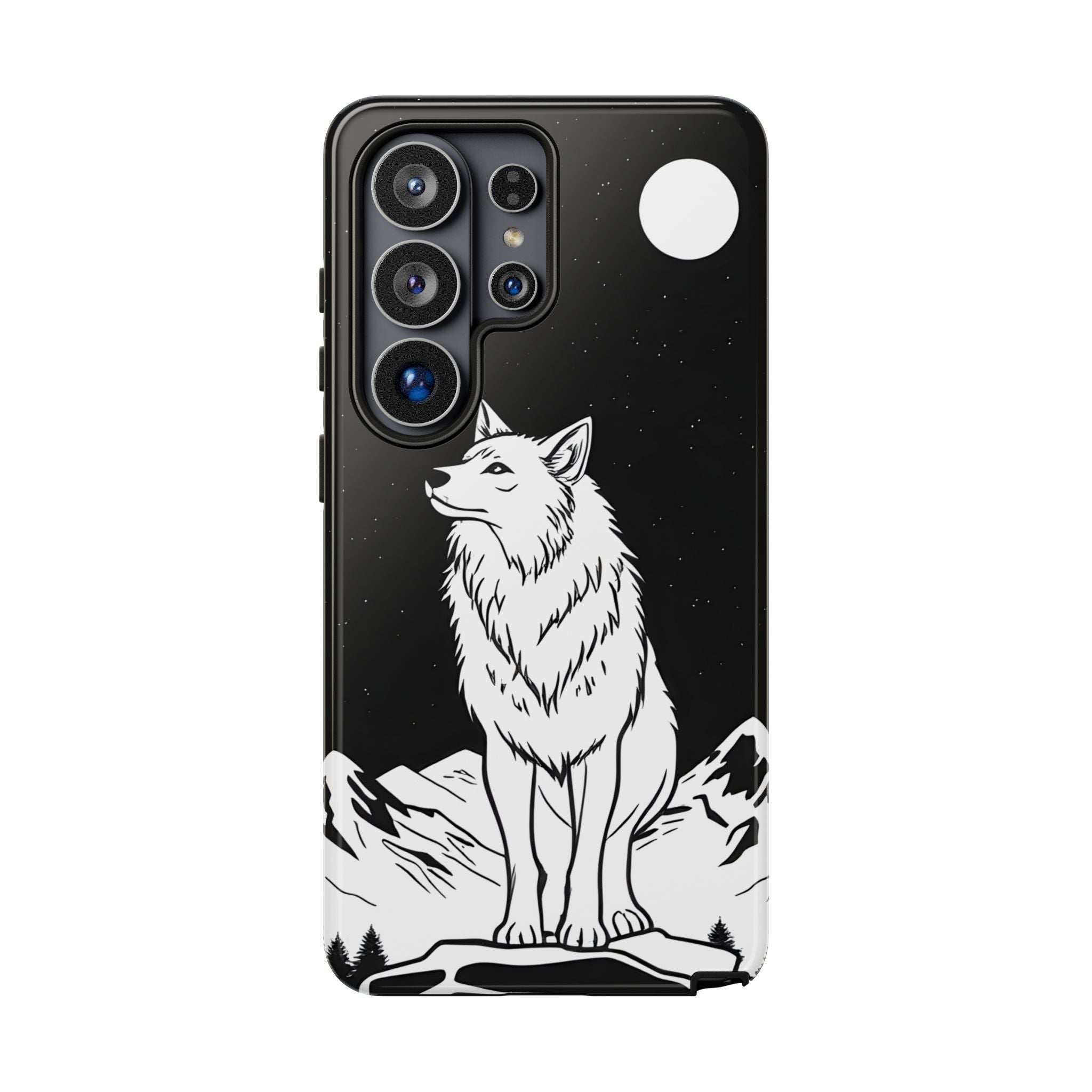 Black phone case with white wolf graphic, star speckles, and triple camera openings