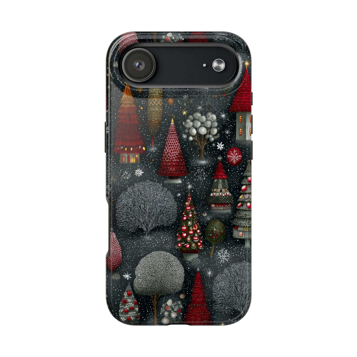 Phone case showing side profile with winter village print and covered buttons