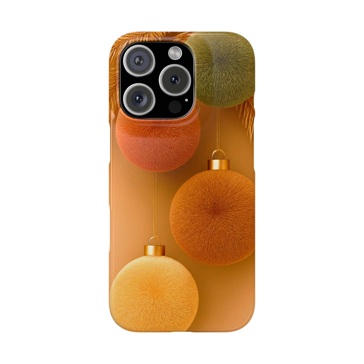 Phone case with orange pom-poms, gold baubles, green fuzzy ornament, visible triple-camera cutouts