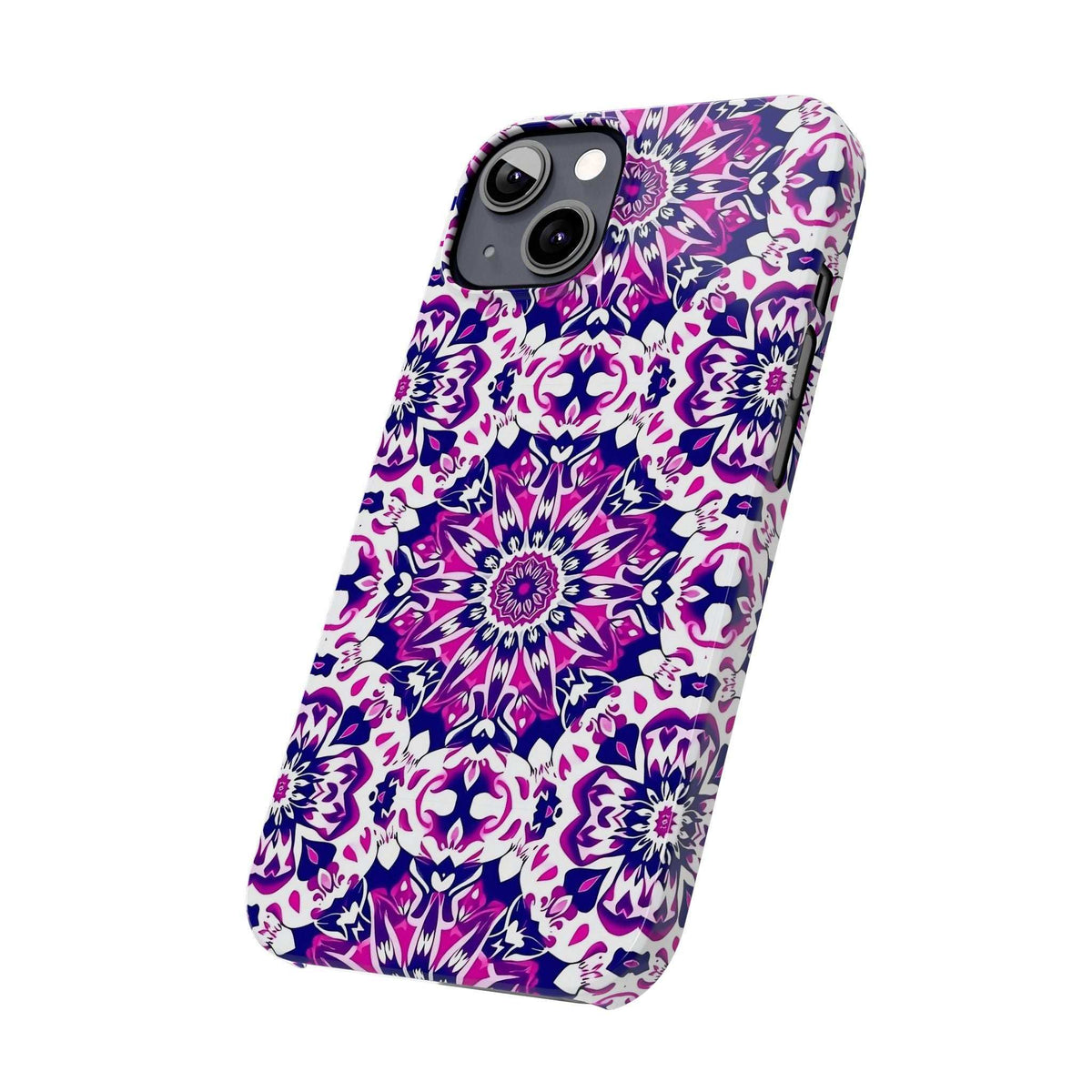 Purple and white patterned phone case with dual camera cutouts and glossy finish
