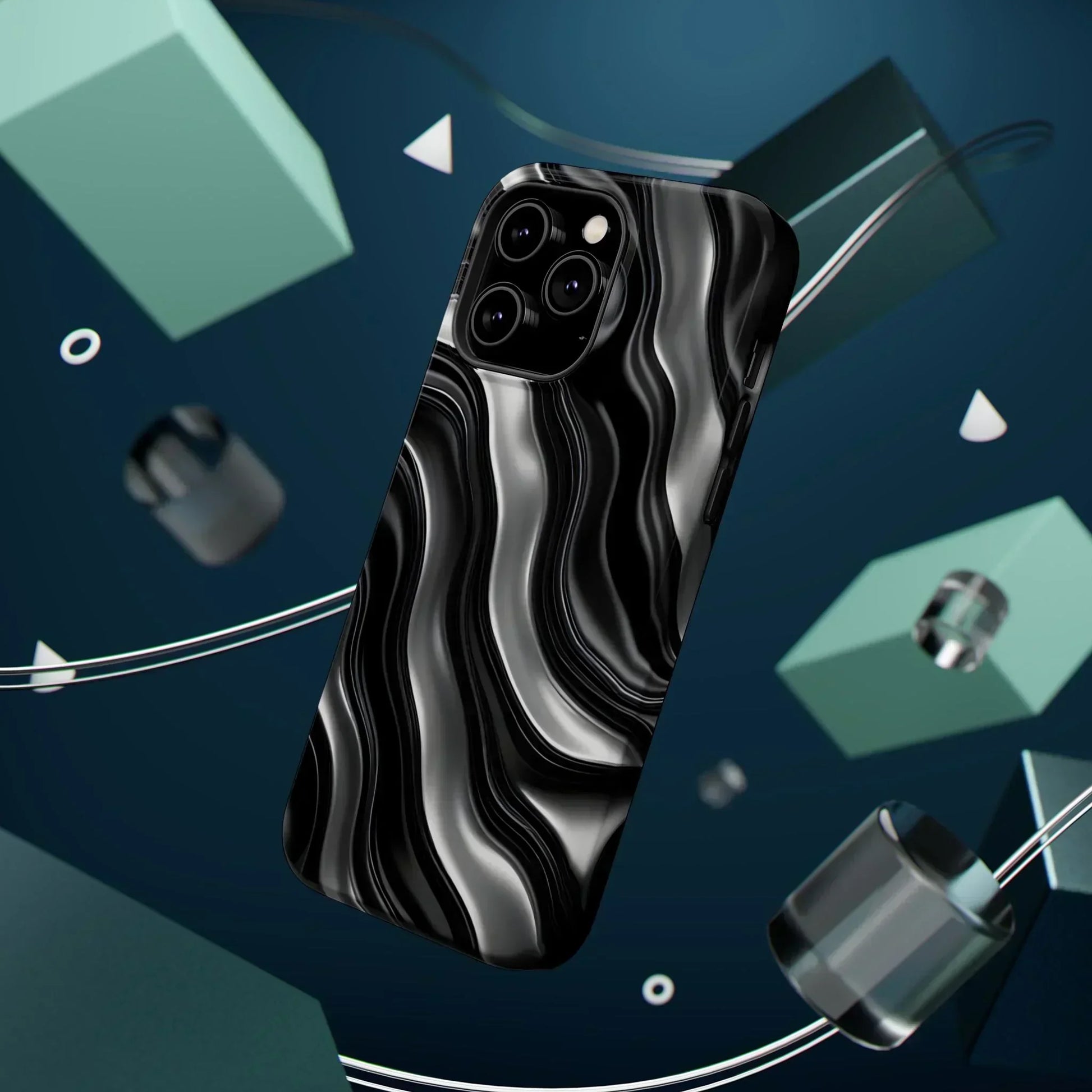 Wavy Illusion Black & Silver MagSafe® Tough Phone Case - KarArmDesign