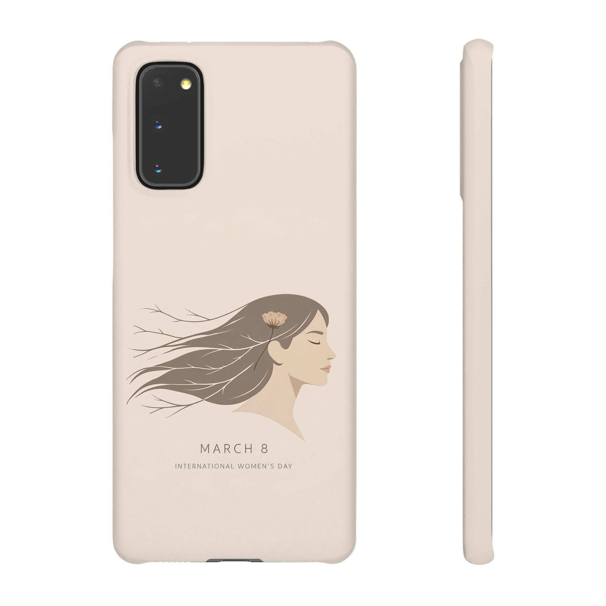 Beige phone case with floral woman “March 8” design; slim side profile on right.