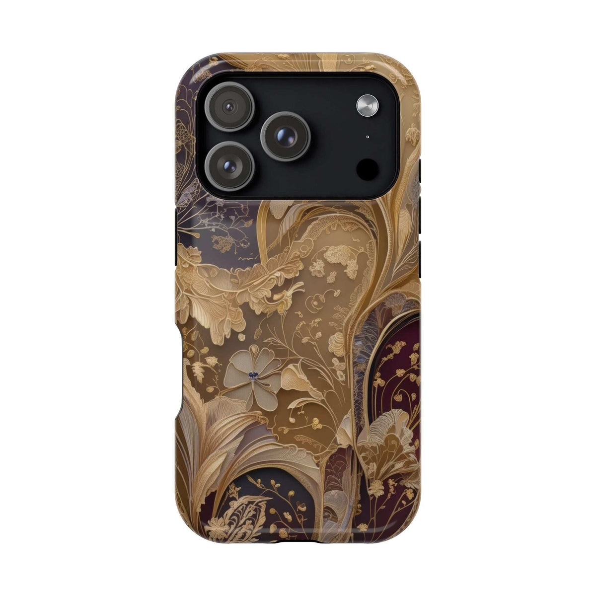 Botanical phone case with gold floral pattern on tan and dark brown background, triple camera