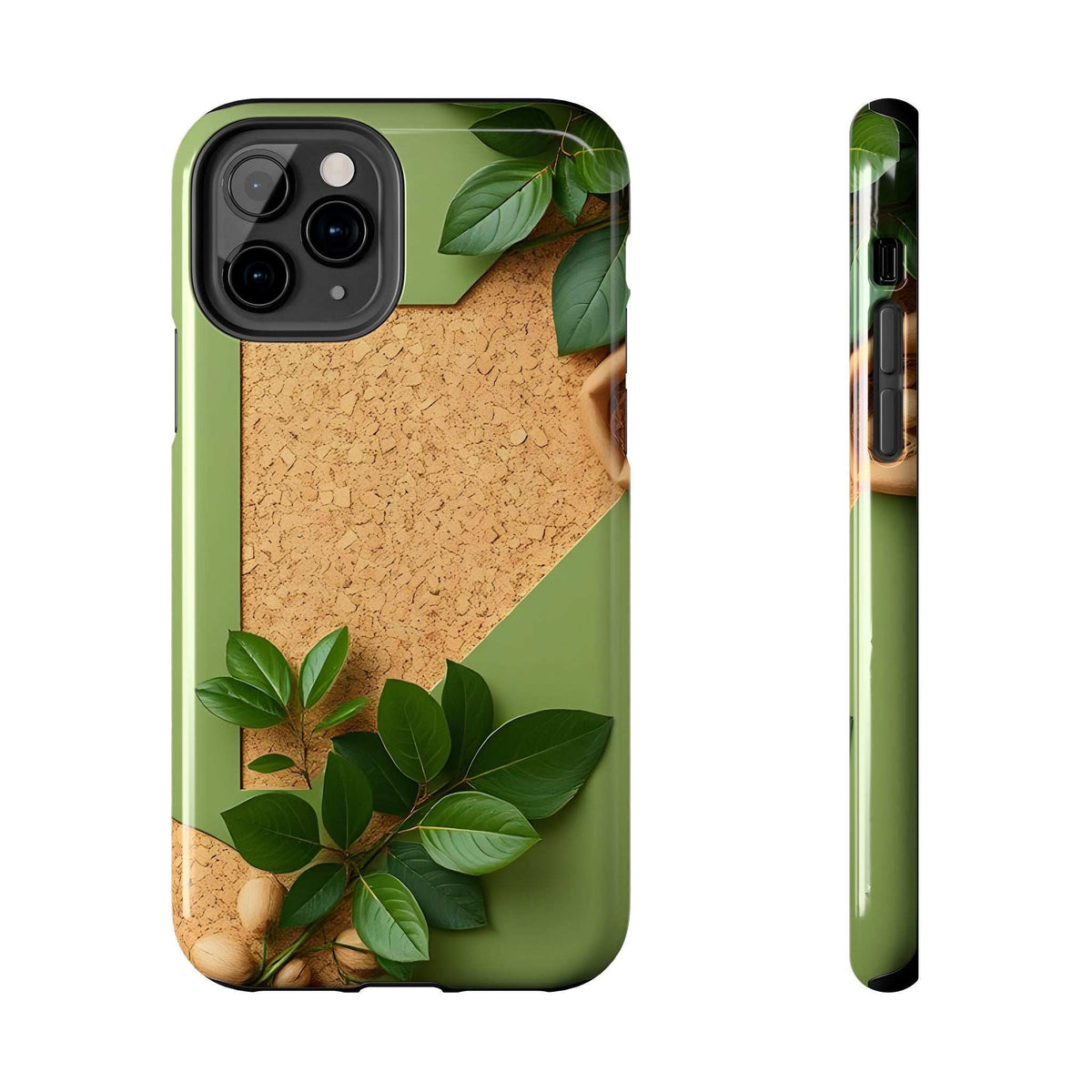 Eco phone case front and side view in green with tan cork texture and leaf graphics