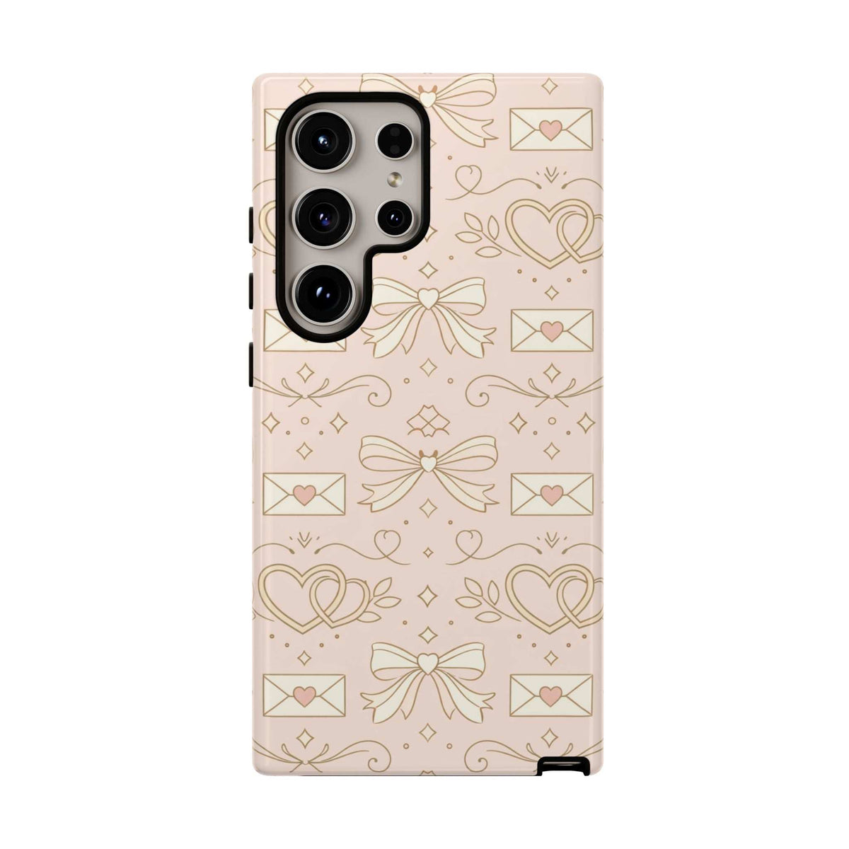 Light pink tough phone case with hearts, bows, and envelope motif; corner-to-corner pattern