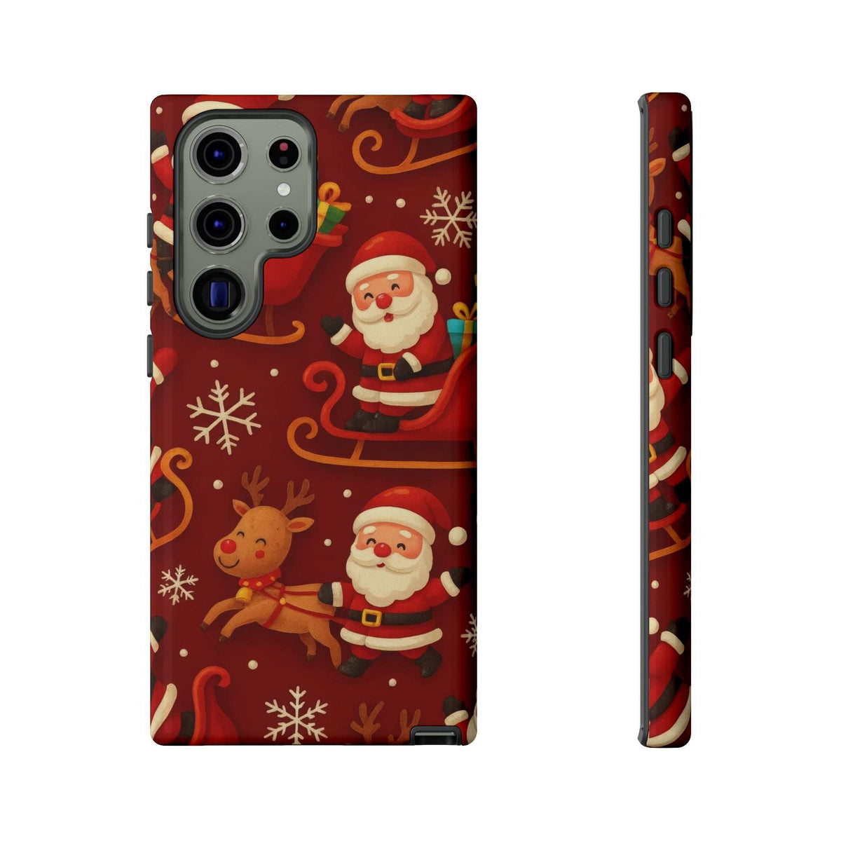 Glossy Santa and reindeer sleigh-pattern phone case with cutouts for camera and buttons