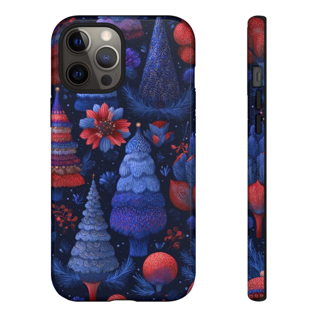 Glossy phone case back and slim side; midnight blue trees, red flower, and camera bump cutout.