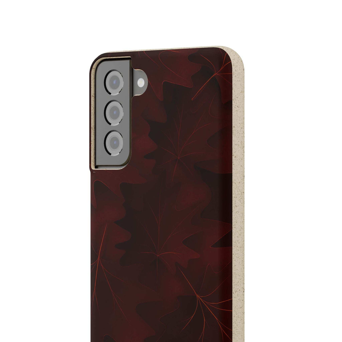 Burgundy phone case with leaf pattern and raised camera module cutouts