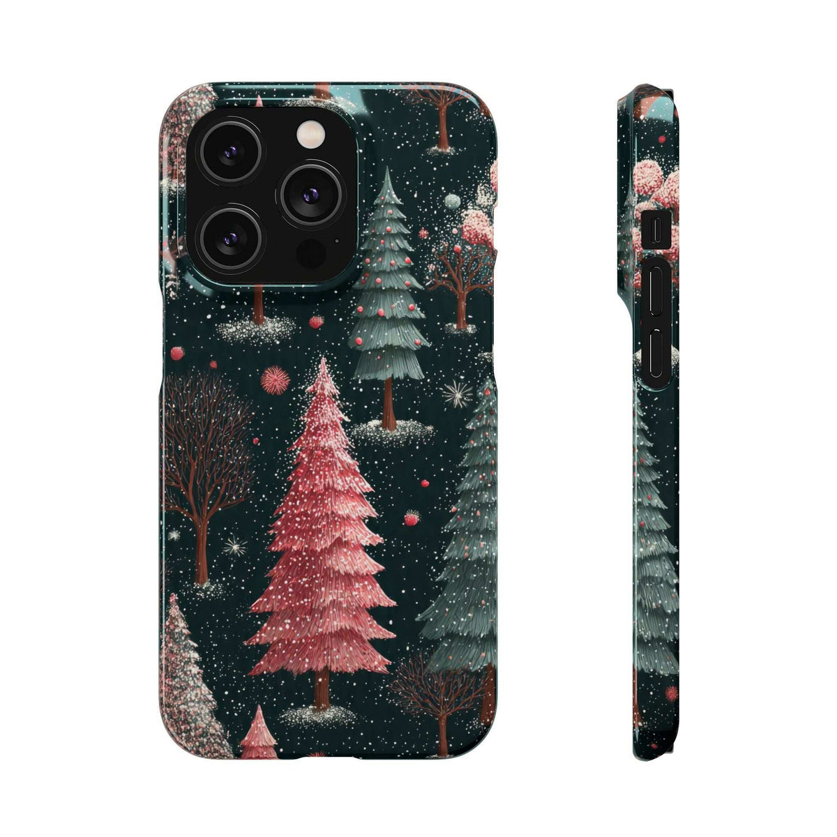 Forest-themed glossy phone case with snowy pine trees and pink-red tones; front view and side buttons.