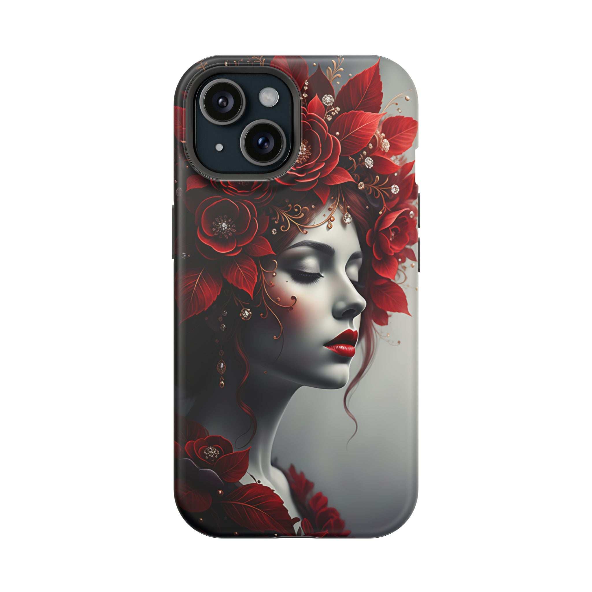 Phone case front with red floral portrait woman artwork, gray background, black camera cutout