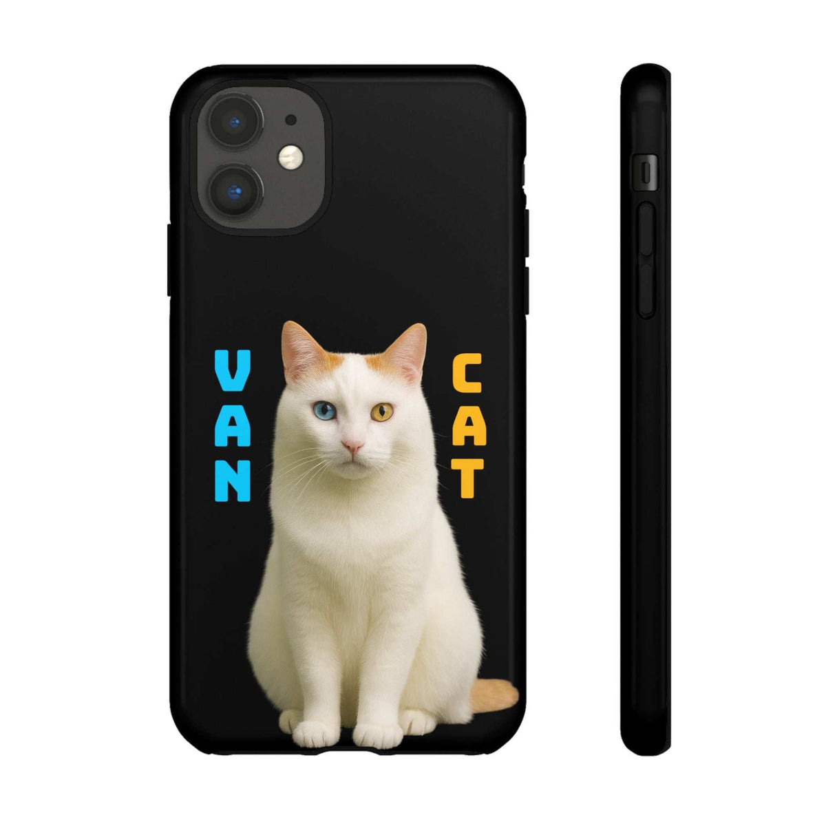 Black phone case with white cat graphic, dual-lens camera openings, glossy