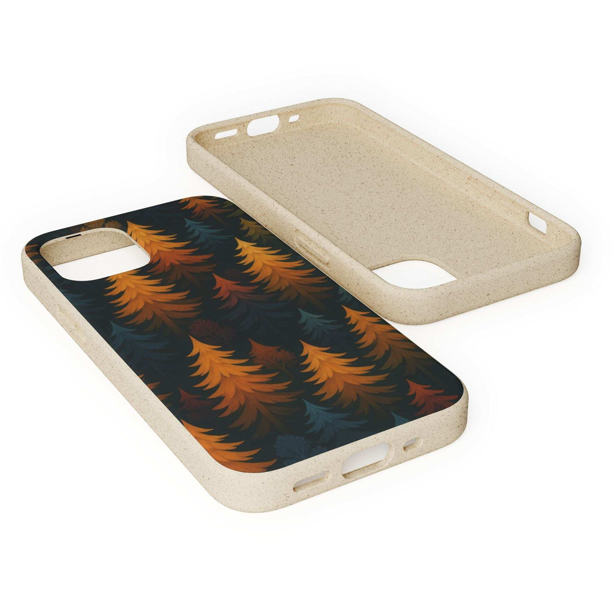 Biodegradable phone case front and back, dark forest trees on a tan textured shell