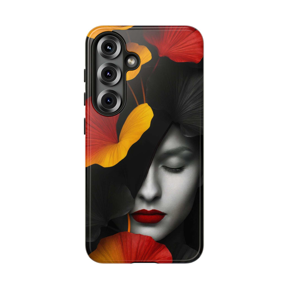Glossy phone case with red, yellow floral and woman face artwork, for iPhone and Galaxy.