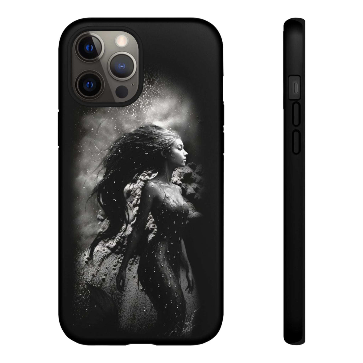 Black phone case with grayscale mermaid portrait, camera cutouts, and side profile buttons.