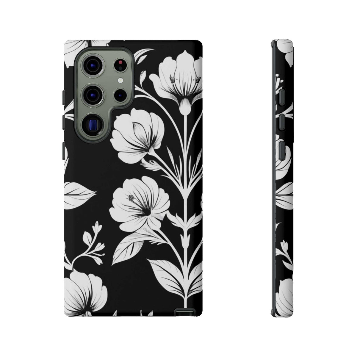 Black floral phone case with white blossoms; back and side profile with camera cutouts.