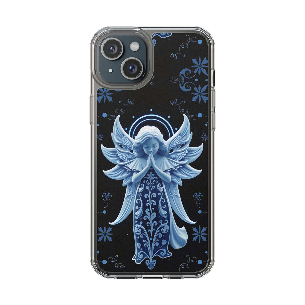 Clear phone case with blue angel praying illustration and starry dots accents