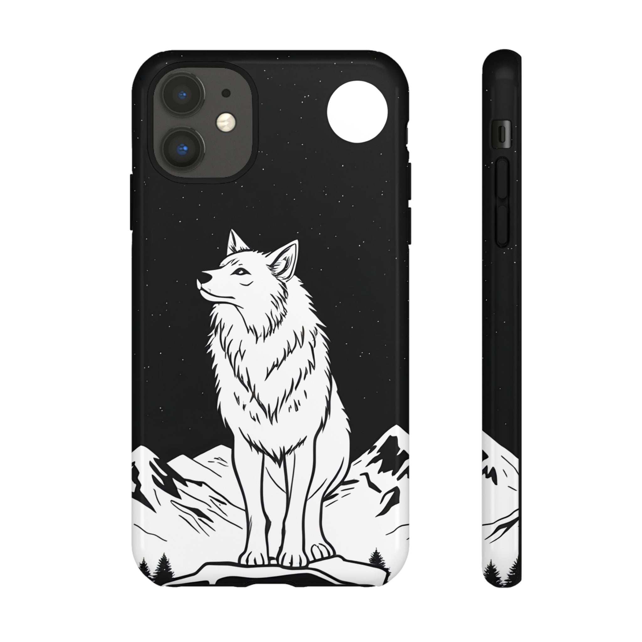 Black phone case with white wolf graphic, star speckles, and side profile view