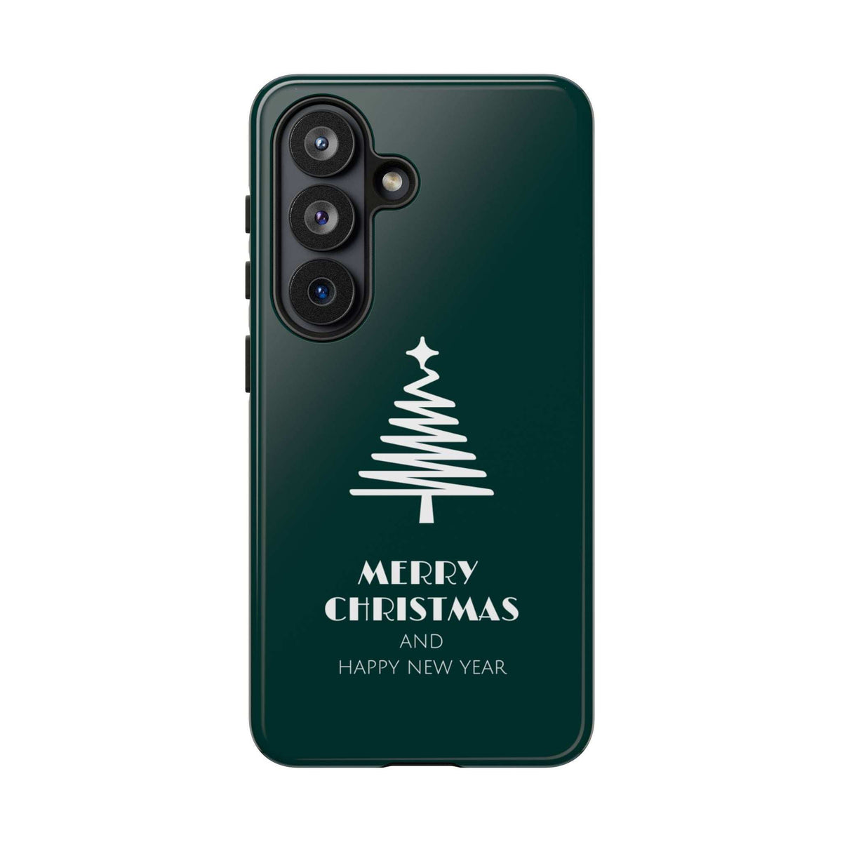 Green phone case with Merry Christmas tree design and camera cutouts on the back