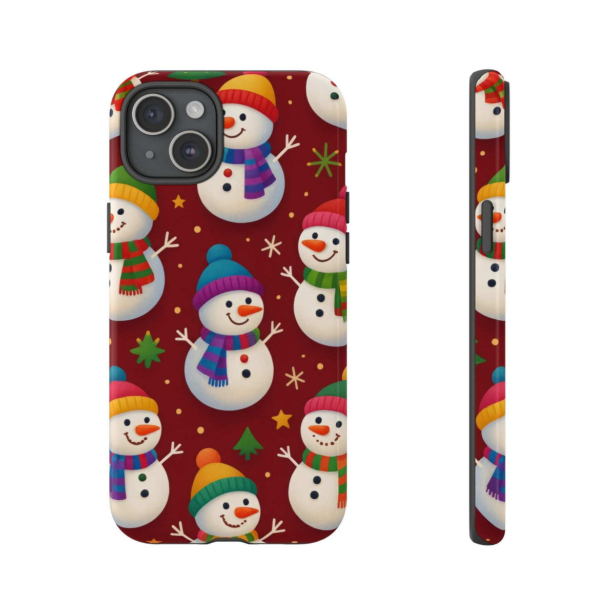 Glossy phone case front with maroon snowman pattern and winter hats; camera lenses protected.
