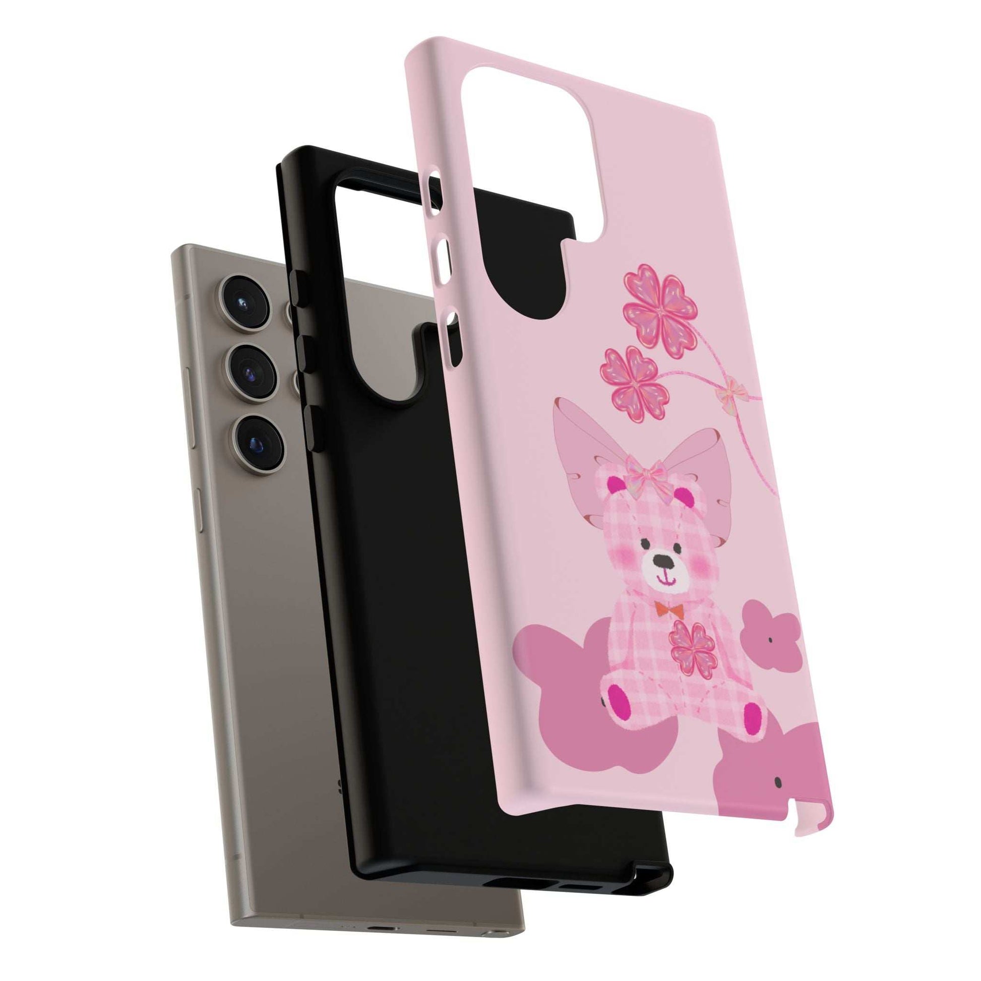 Pink teddy bear phone case with floral butterflies and bow, slim cutouts for cameras