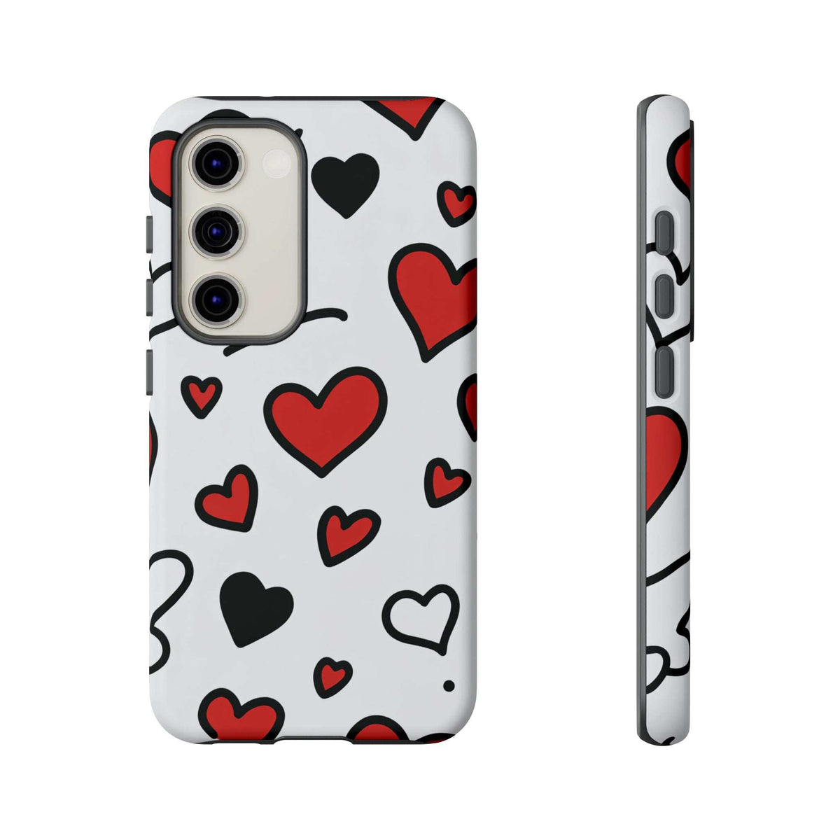 White phone case with hearts doodle pattern, dual-camera cutout and raised side protection