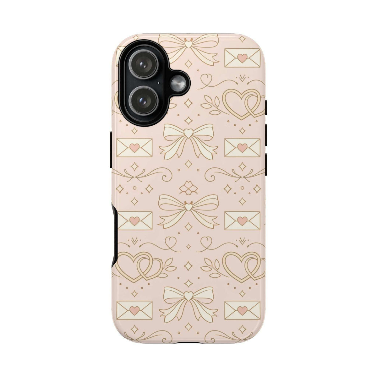 Light pink phone case with heart and bow doodle pattern; camera cutouts and side buttons