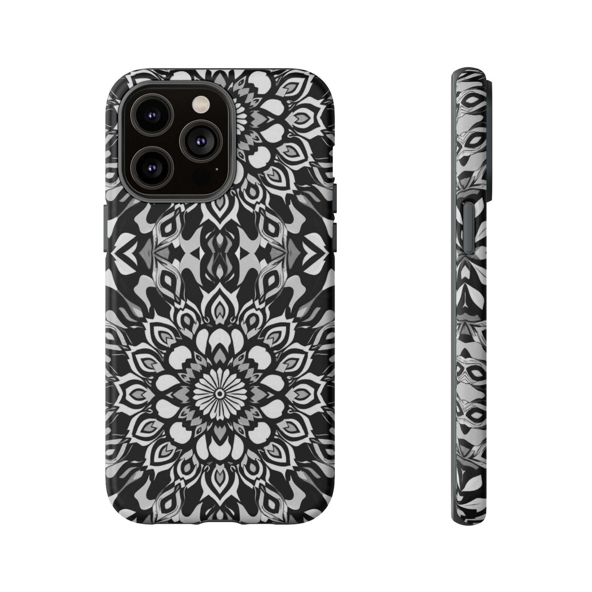 Mandala phone case featuring black-and-white mandala pattern and long patterned side profile