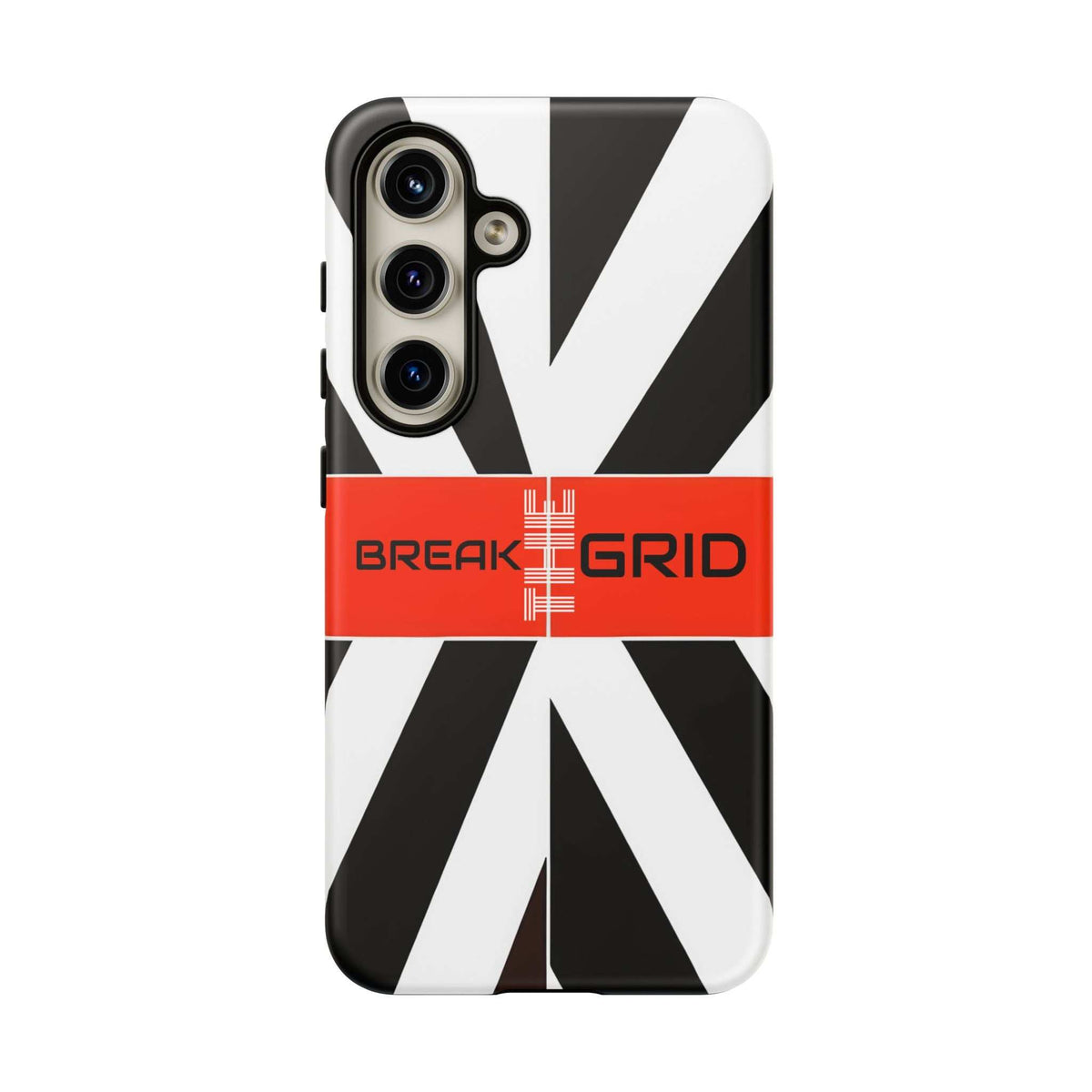 Phone case with black-and-white burst design, orange BREAK GRID band, front camera cutouts