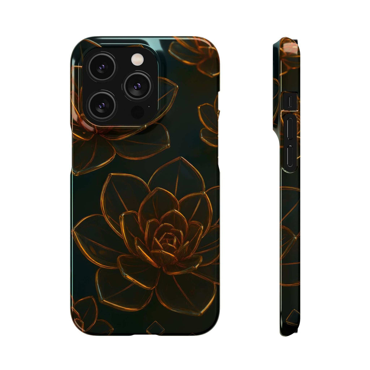 Glossy glass phone case, black with bronze floral line art; raised camera cutouts.
