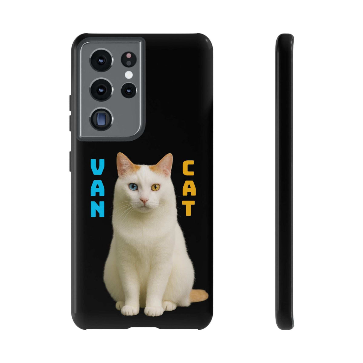 Glossy black phone case with white cat graphic, lens openings, and side profile