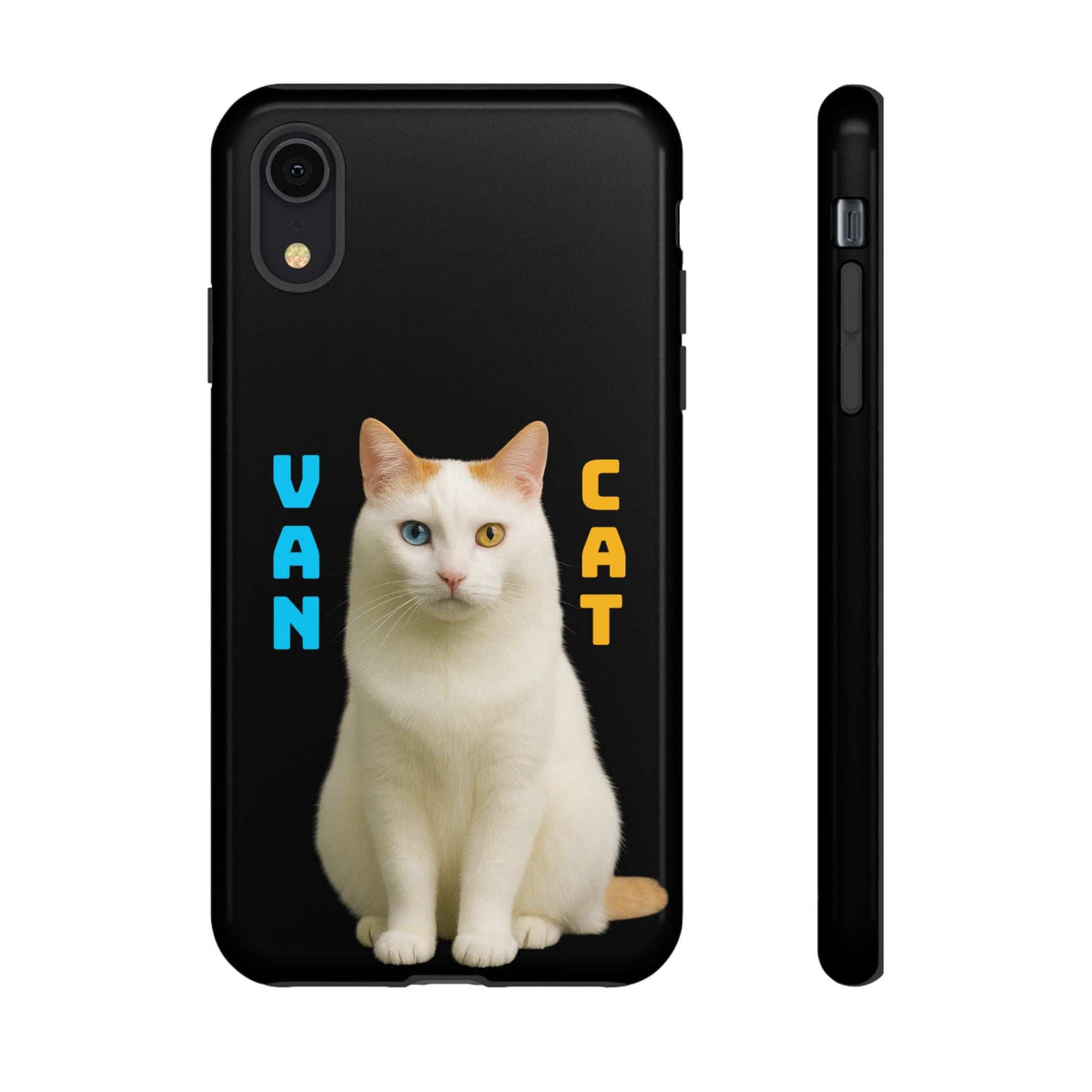 Black phone case with cat graphic and raised camera cutout; glossy finish