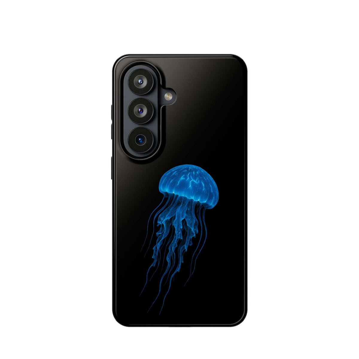 Black phone case with blue jellyfish design on back and camera cutouts