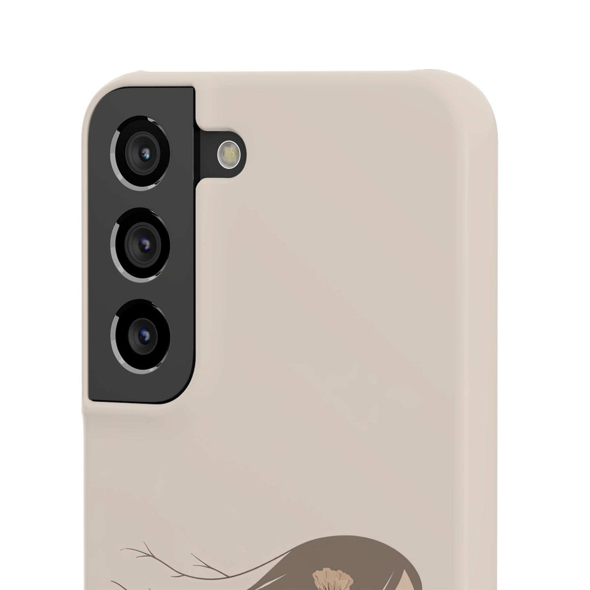 Beige phone case with black camera cutout and flower-and-vine design on back