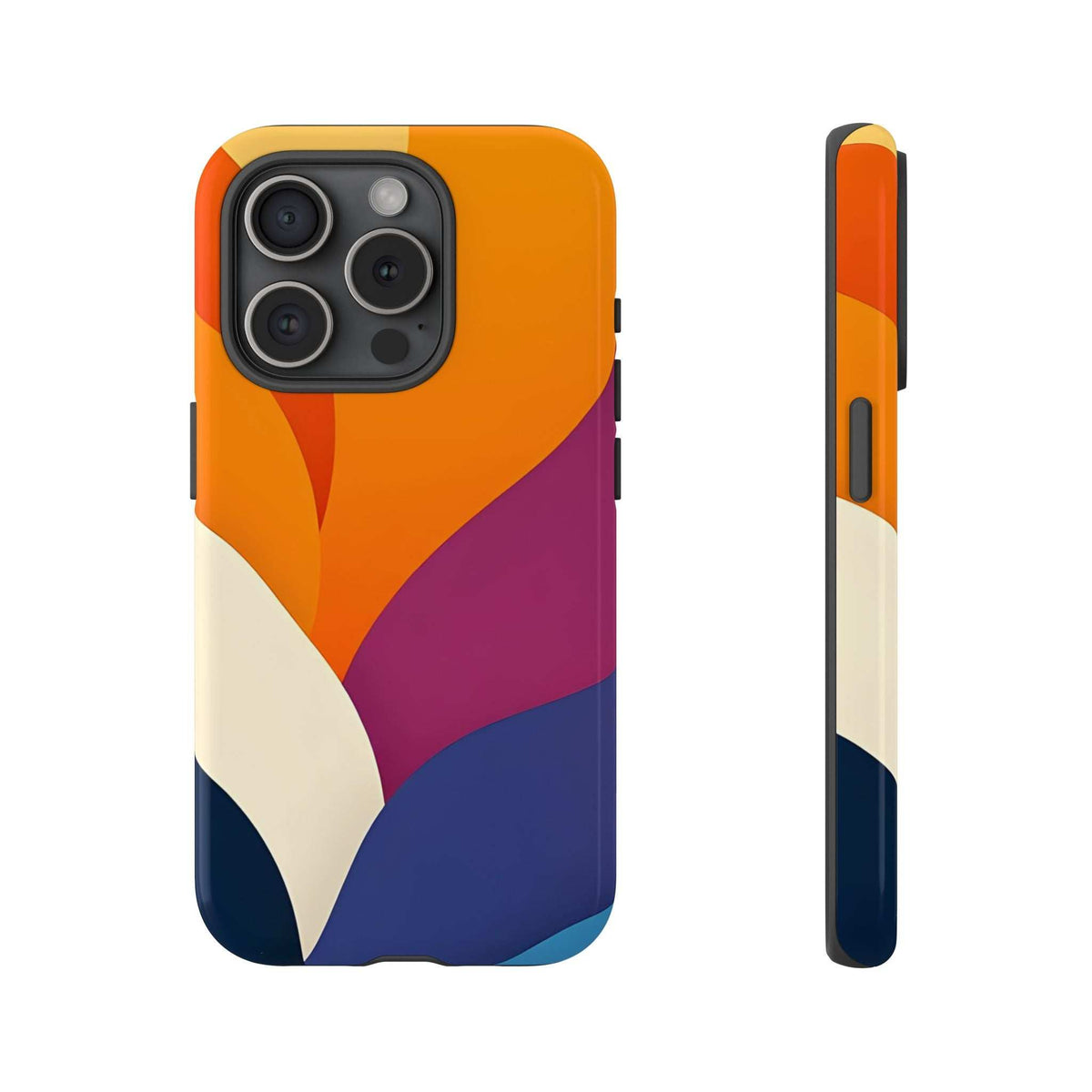 Phone case with abstract orange, magenta, navy and white pattern; four-lens camera cutout