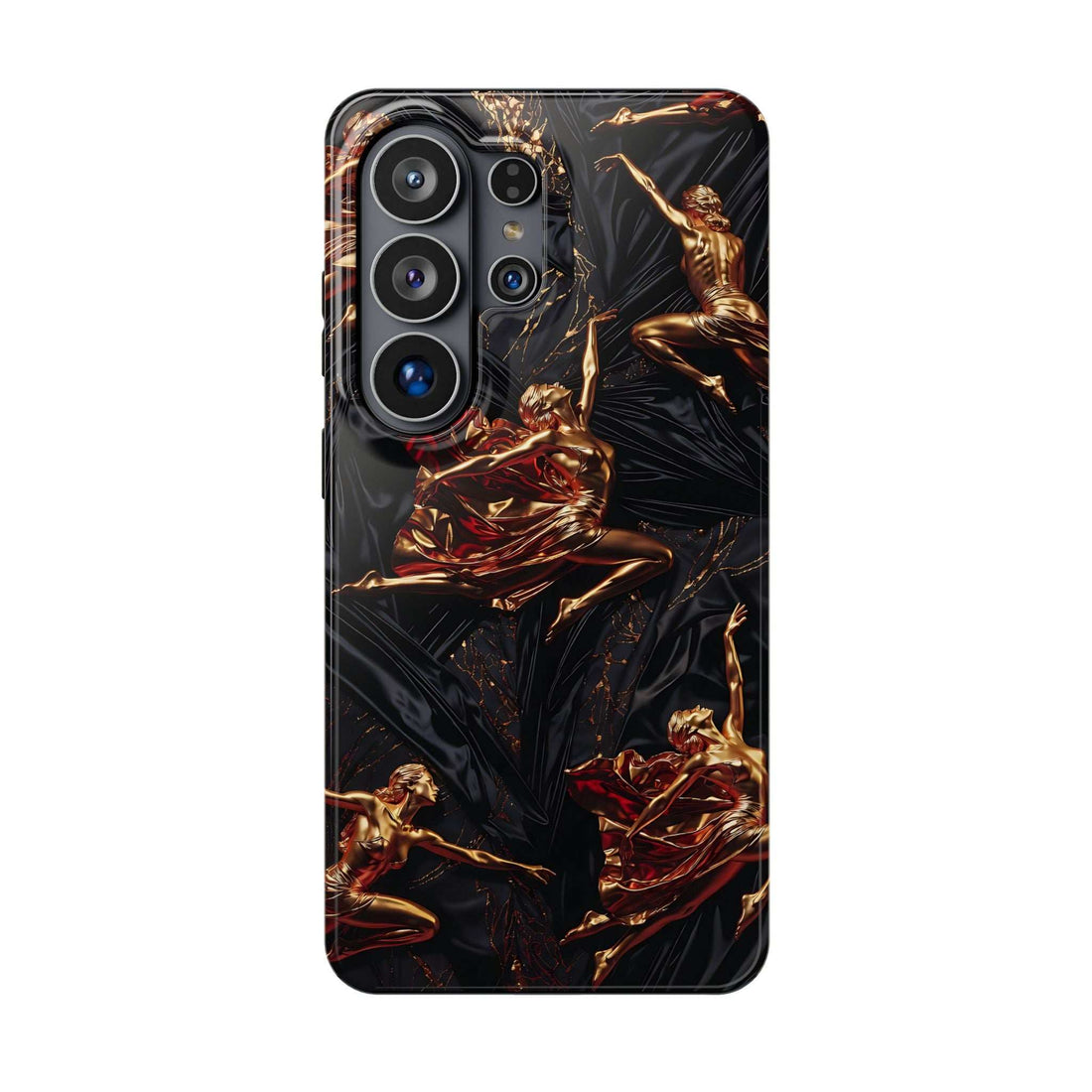 Black phone case with gold sculpted figures and metallic swirl pattern, raised camera cutouts