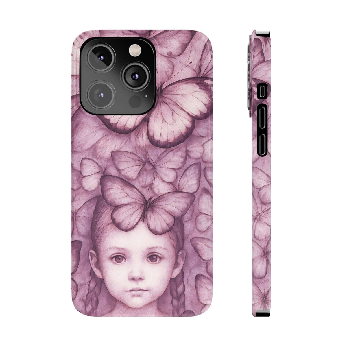Purple butterfly girl phone case back view with quad camera cutouts