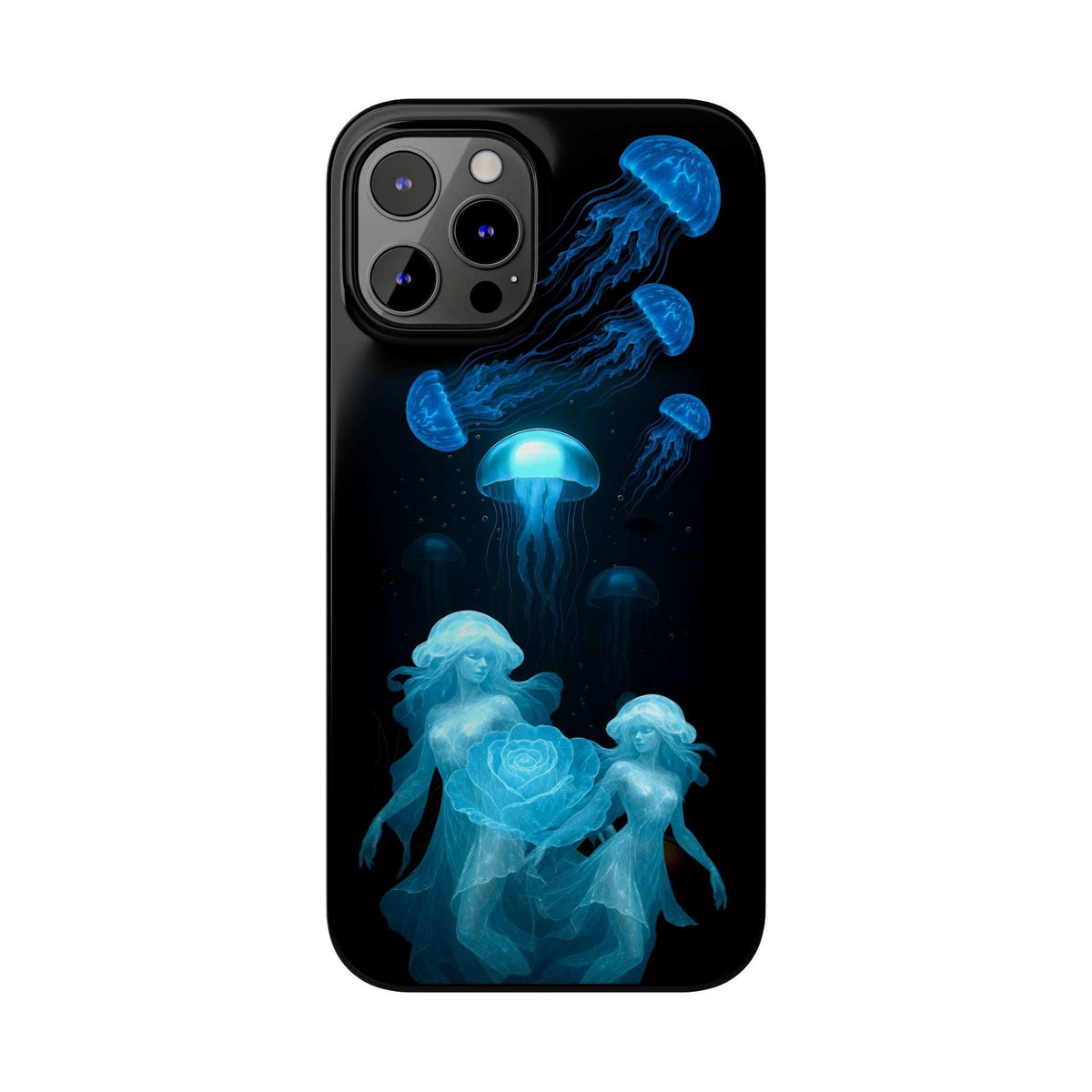 Blue glowing jellyfish and rose phone case with raised camera module cutout